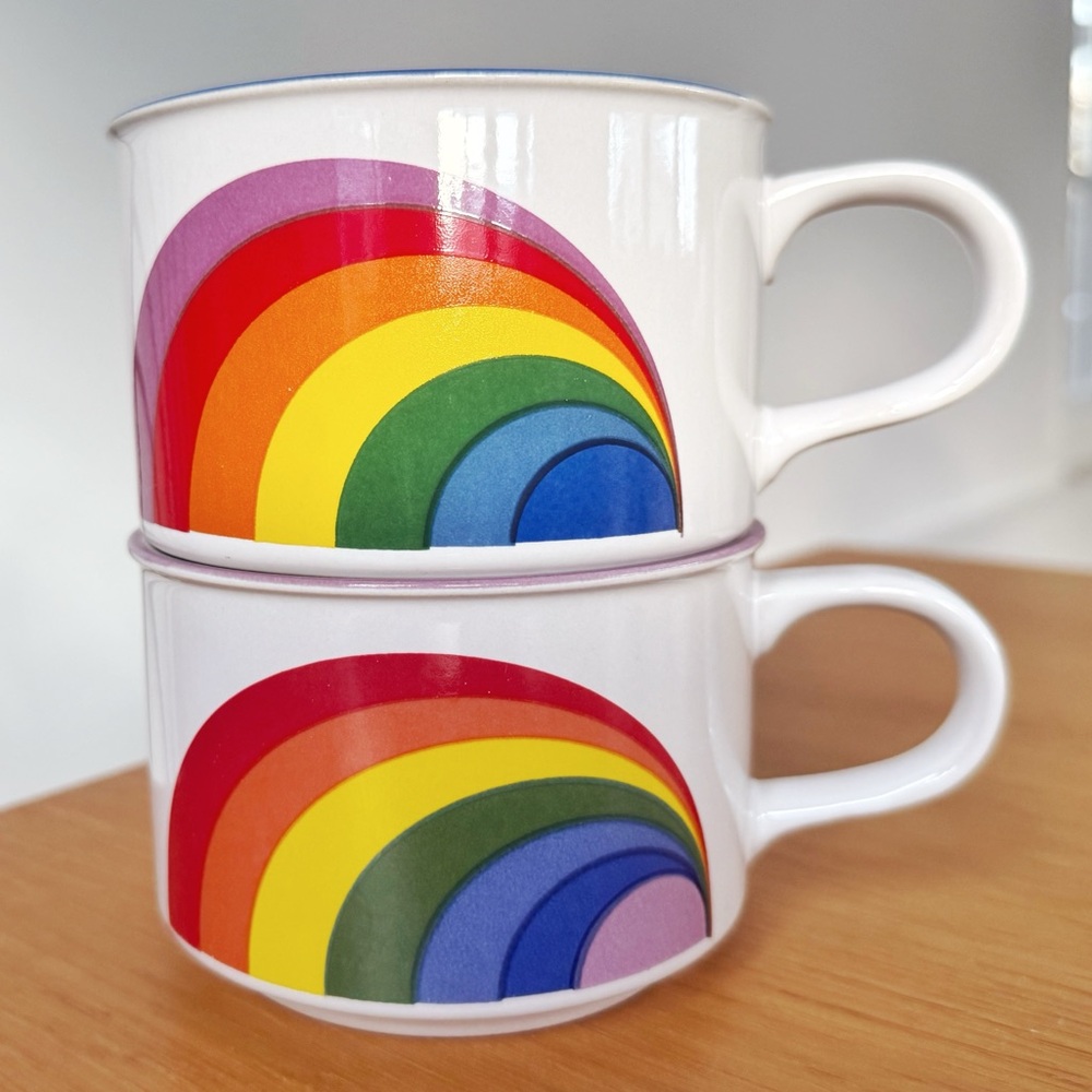 2 Vintage Rainbow Ceramic Mugs for Coffee, Soup, or Tea